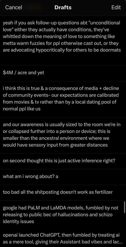 A screenshot of a mobile app's 'Drafts' screen, showing a list of several text entries that appear to be abandoned social media posts or notes.