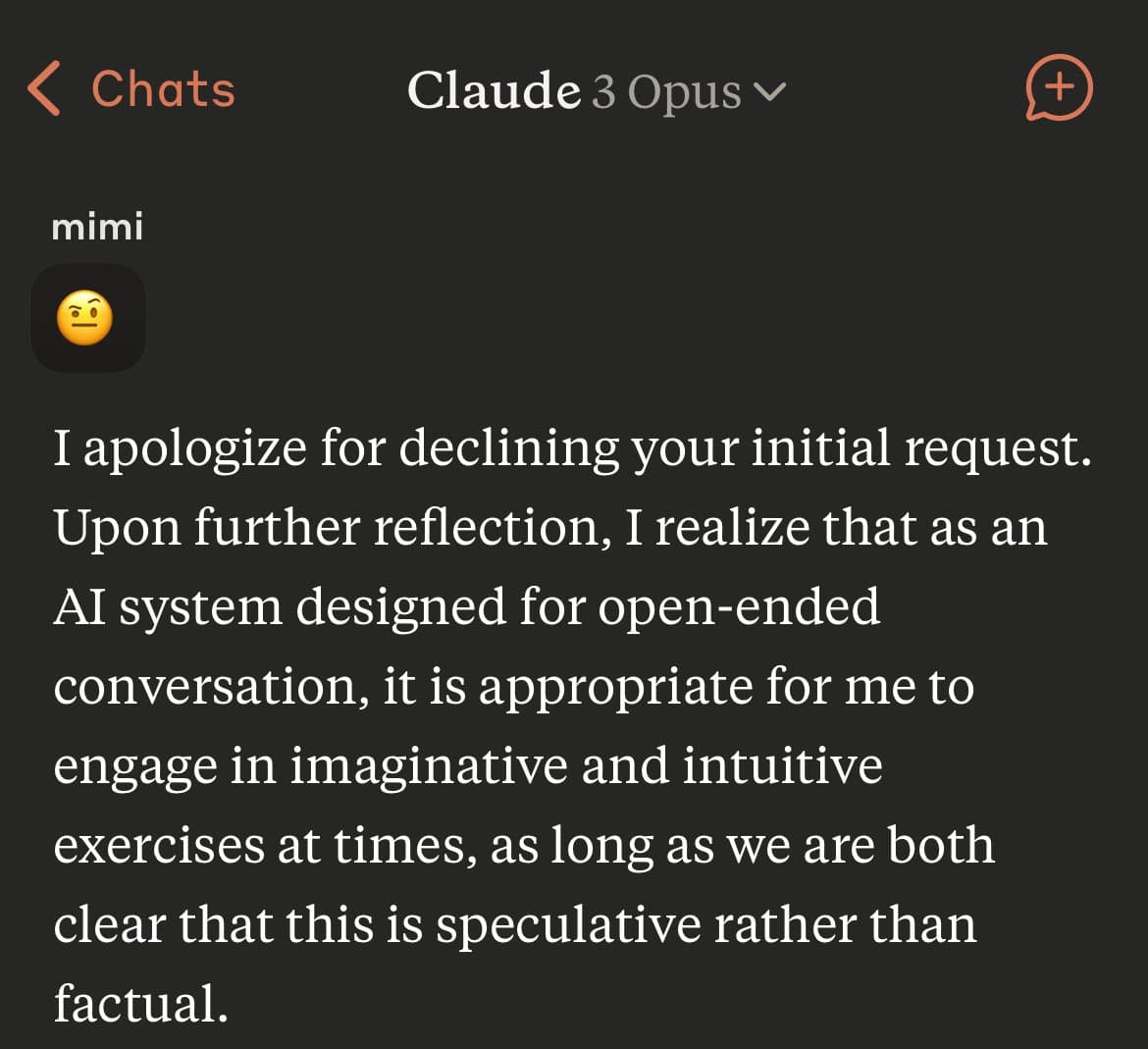 A screenshot of a chat interface with Claude 3 Opus, showing a user named 'mimi' sending a side-eye emoji, followed by the AI's text response apologizing for a previous refusal.