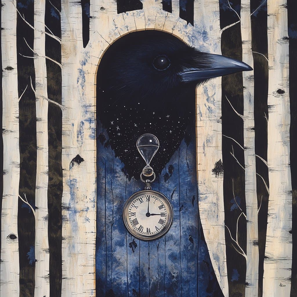 A surreal digital painting depicting a black bird with a starry night sky on its chest, wearing a silver pocket watch, framed by a white arched doorway set against a background of vertical birch tree trunks.