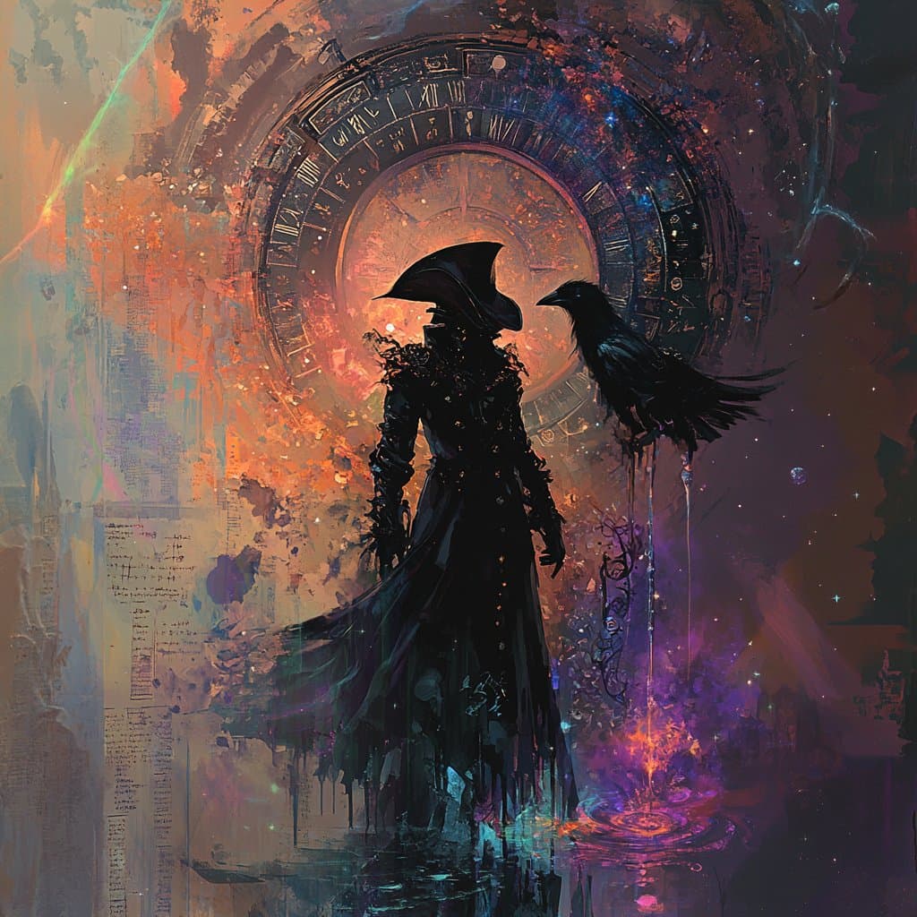 A dark, painterly digital illustration showing a silhouetted figure in a wide-brimmed hat and long coat standing beside a black crow. They are set against a large, glowing celestial clock face and a cosmic, star-filled background with orange and purple hues.