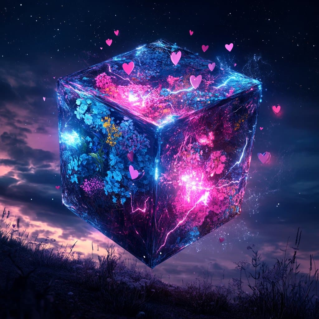 A surreal digital illustration of a glowing, translucent cube filled with vibrant pink and blue flowers and electric energy, floating above a grassy hill at dusk. Small pink heart icons float around the cube against a starry, twilight sky.