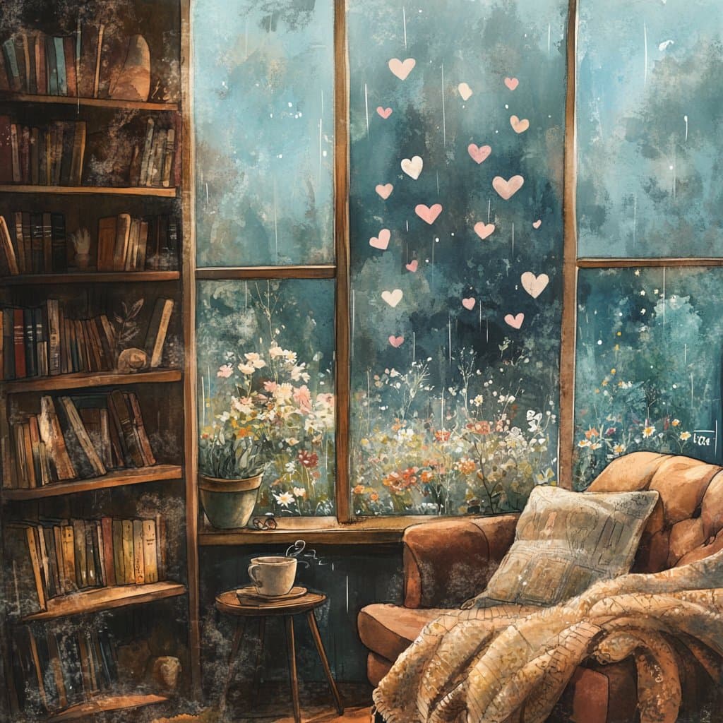 A watercolor-style illustration of a cozy reading nook featuring a bookshelf, a steaming cup of tea, and a window looking out onto a rainy scene with floating hearts.