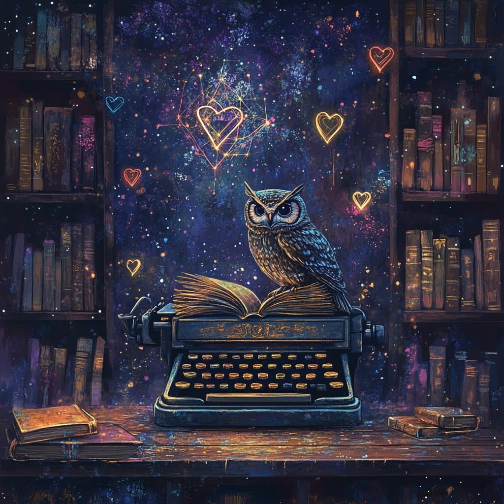 A digital illustration depicts an owl perched on an open book resting on a vintage typewriter, set against a cosmic background with glowing, constellation-like hearts. The scene is framed by dark bookshelves filled with old books, creating a magical and romantic atmosphere.