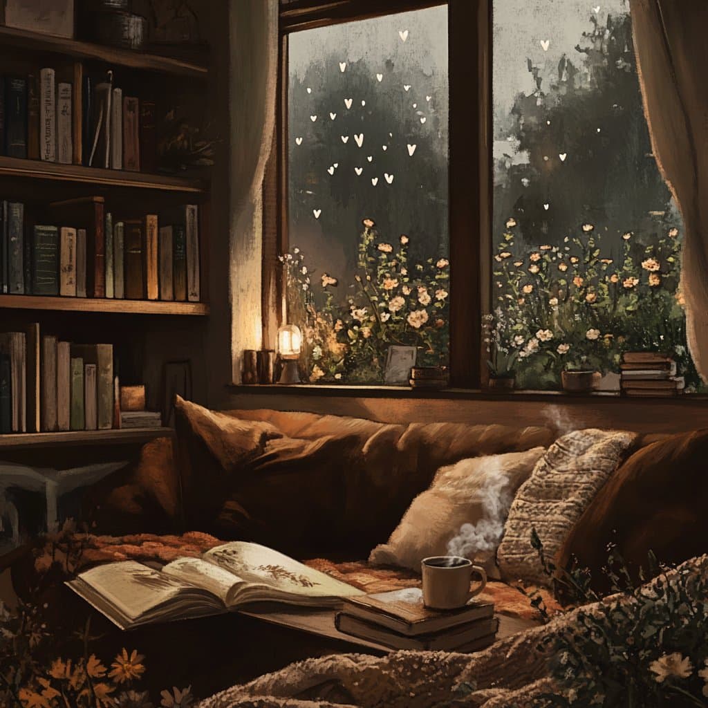 A cozy, illustrated interior scene showing a book-filled room with a window seat, an open book, and a steaming mug. Outside the window, a garden with flowers is visible under a dark sky filled with floating heart-shaped lights. The scene evokes a warm, peaceful atmosphere.