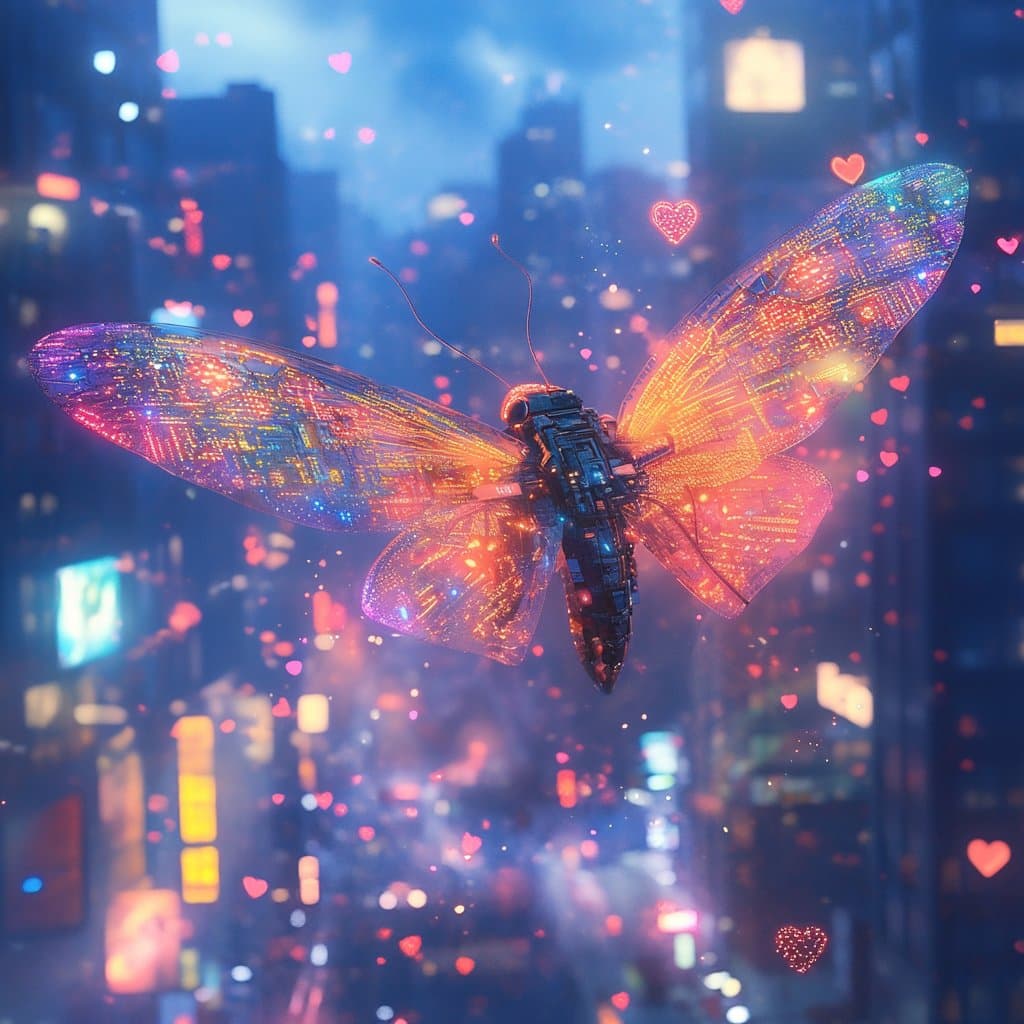 A digital art image of a mechanical, cyberpunk-style butterfly with glowing, circuit-like wings flying through a neon-lit cityscape filled with floating heart-shaped lights. The scene has a vibrant, futuristic aesthetic with blue, pink, and orange hues.