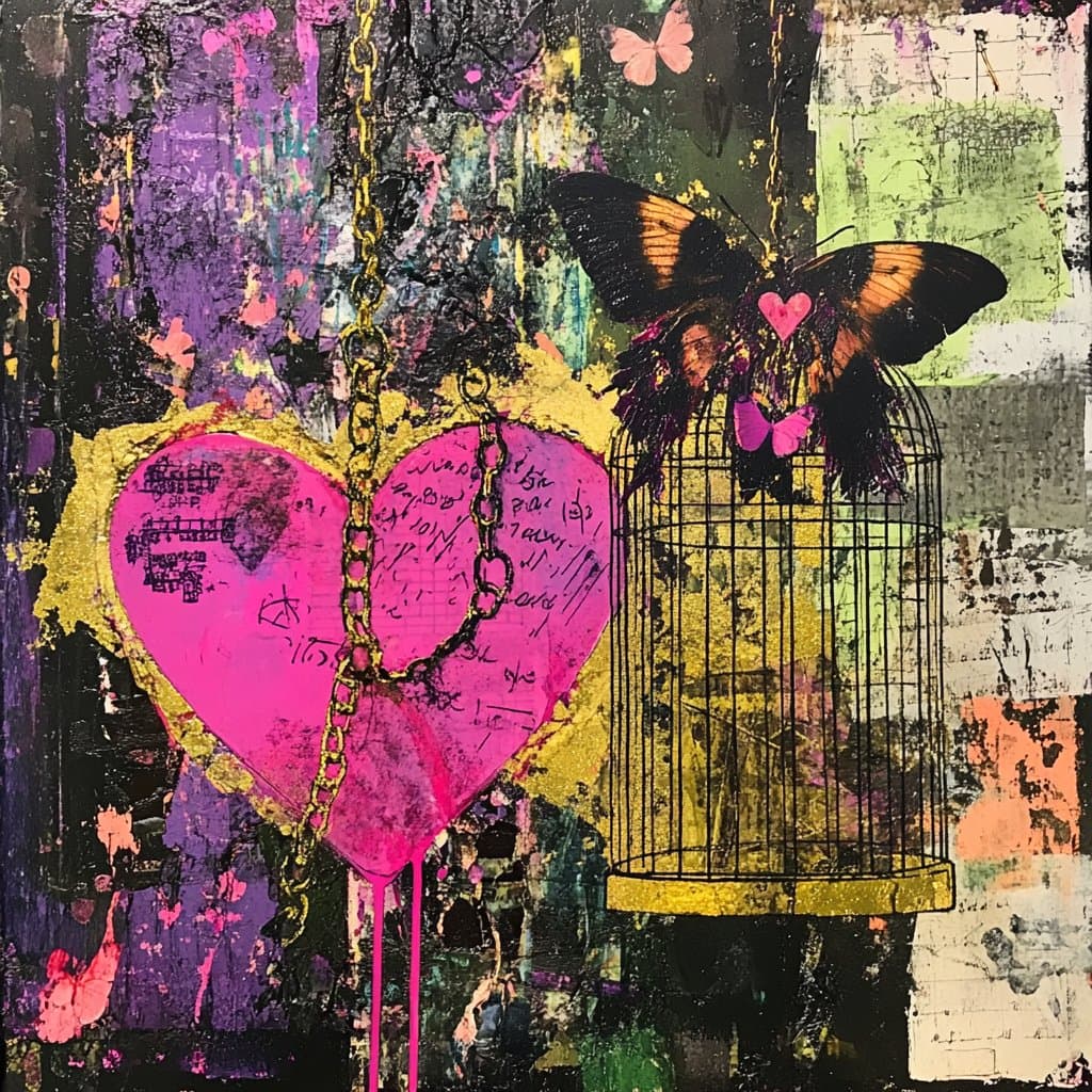 A mixed-media artwork featuring a cracked pink heart and a birdcage with a butterfly, set against a textured background of purple, green, and black.