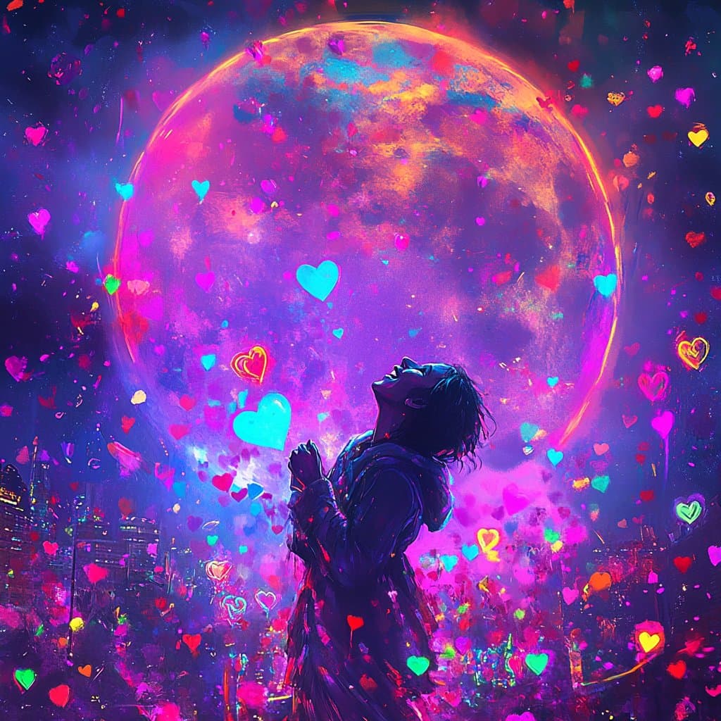 A vibrant, neon-colored digital illustration depicting a silhouetted figure with their head tilted back, looking up at a massive, glowing moon. The scene is filled with floating, glowing hearts in various colors against a dark, city-lit background.