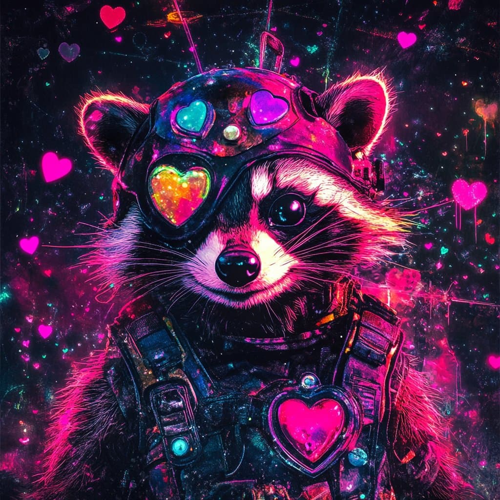 A vibrant, neon-style digital illustration of a raccoon wearing futuristic goggles with heart-shaped lenses and a matching heart pendant, set against a dark background filled with glowing pink and purple hearts.
