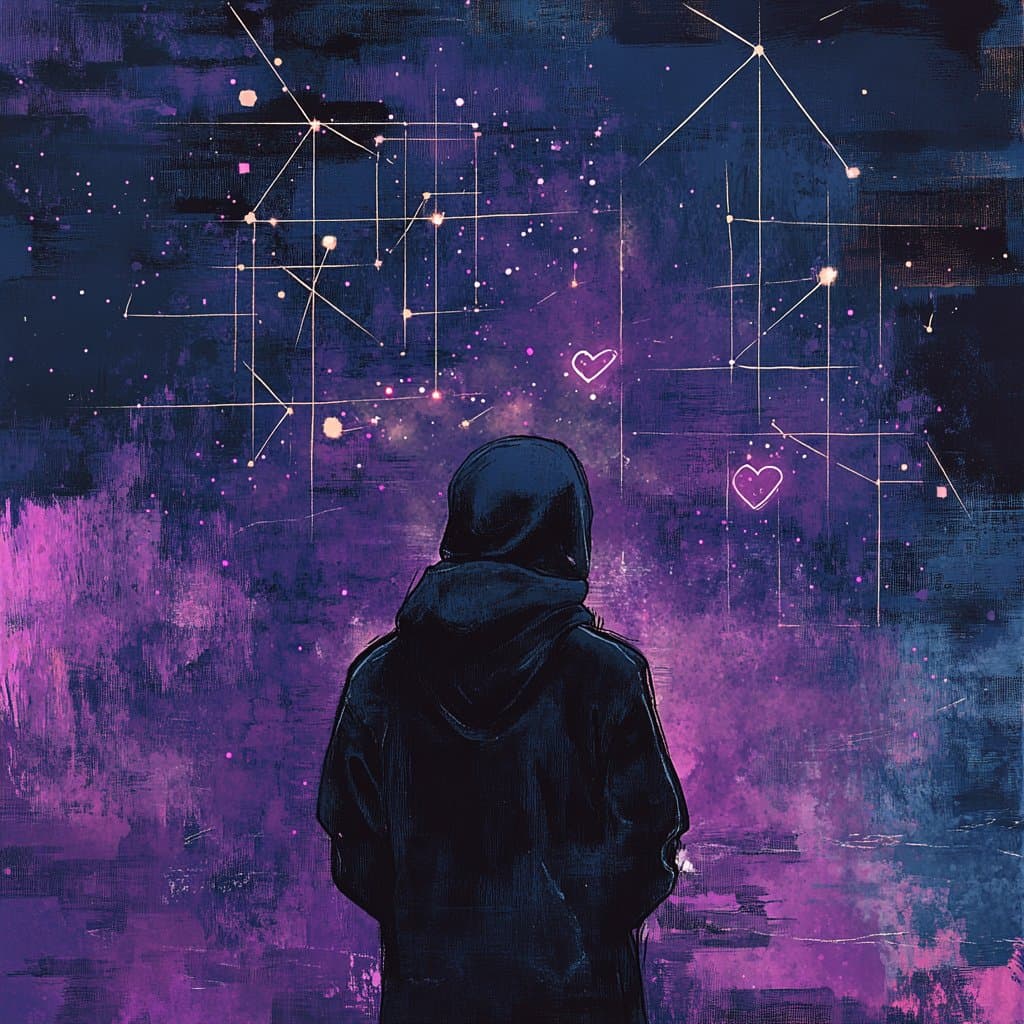 A digital illustration showing a person in a dark hooded jacket from behind, looking up at a purple and blue night sky filled with stars, constellations, and two glowing heart shapes.