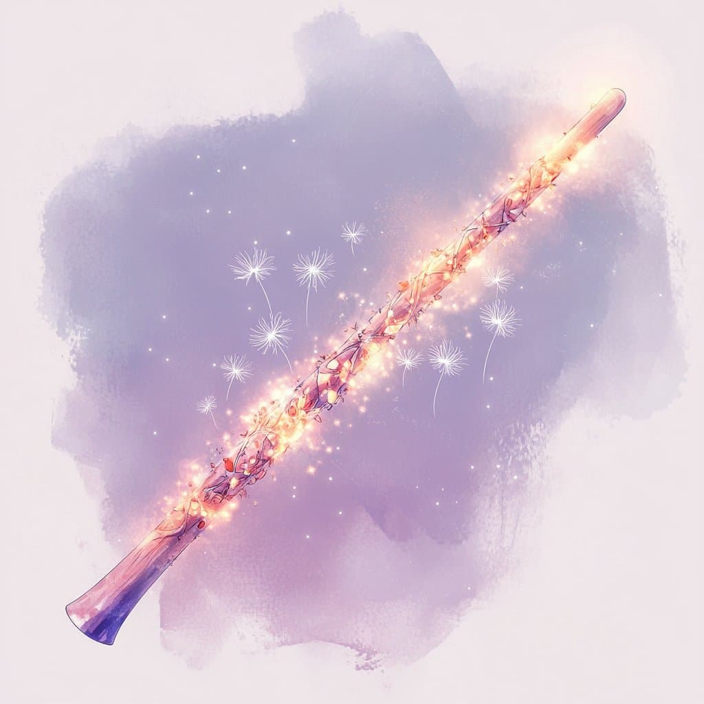 A digital illustration of a wooden flute wrapped in glowing, warm lights and vines, set diagonally against a soft purple watercolor background with floating dandelion seeds.