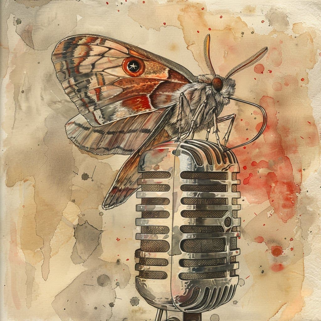 A watercolor illustration depicts a large, detailed moth with reddish-brown and cream wings perched on top of a vintage, chrome microphone. The background features a textured, aged paper appearance with watercolor splatters in shades of red, orange, and brown.