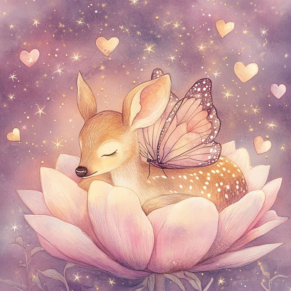 A whimsical digital illustration of a sleeping fawn with butterfly wings resting inside a large pink lotus flower. The background is a dreamy purple sky filled with stars and floating hearts.