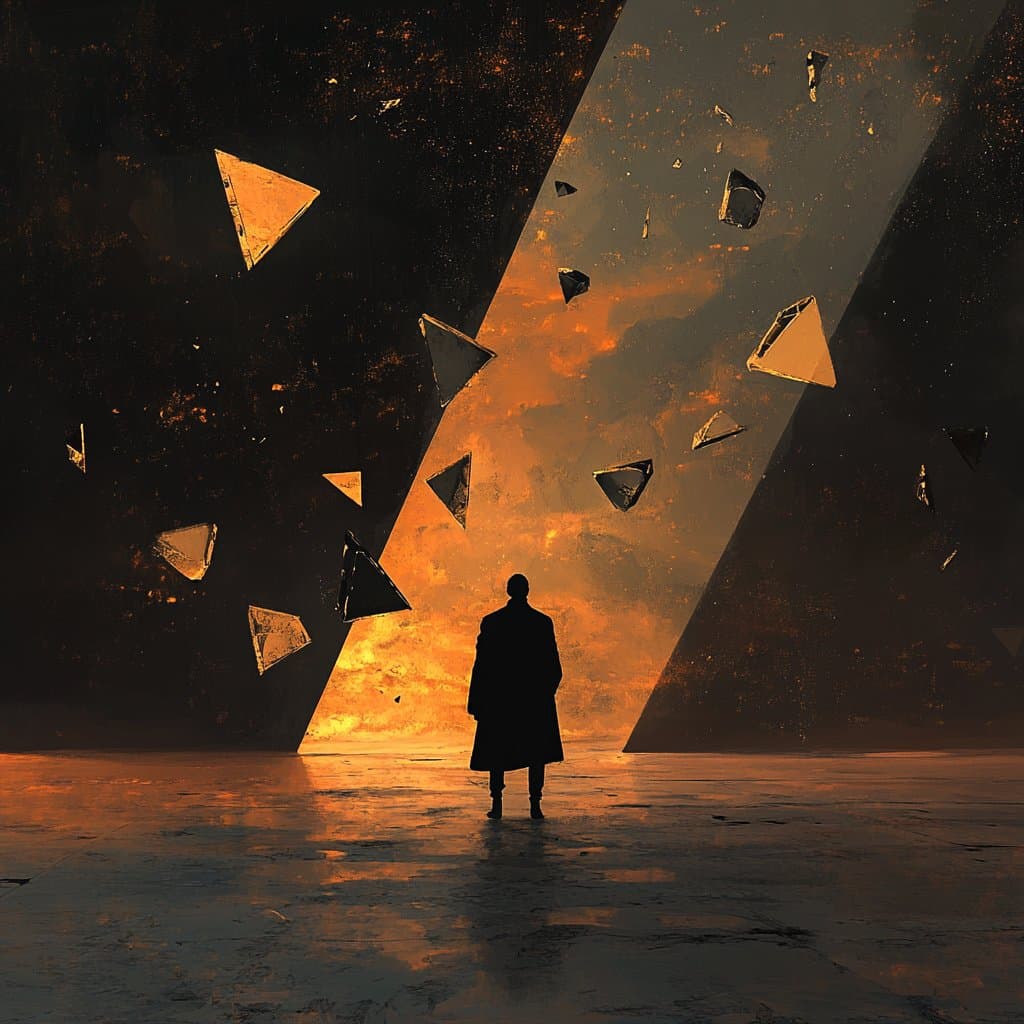 A digital illustration showing the silhouette of a person in a long coat standing on a reflective floor, facing a large, glowing triangular opening in a dark wall. Floating geometric shards surround the opening, which emits a warm, fiery orange light.