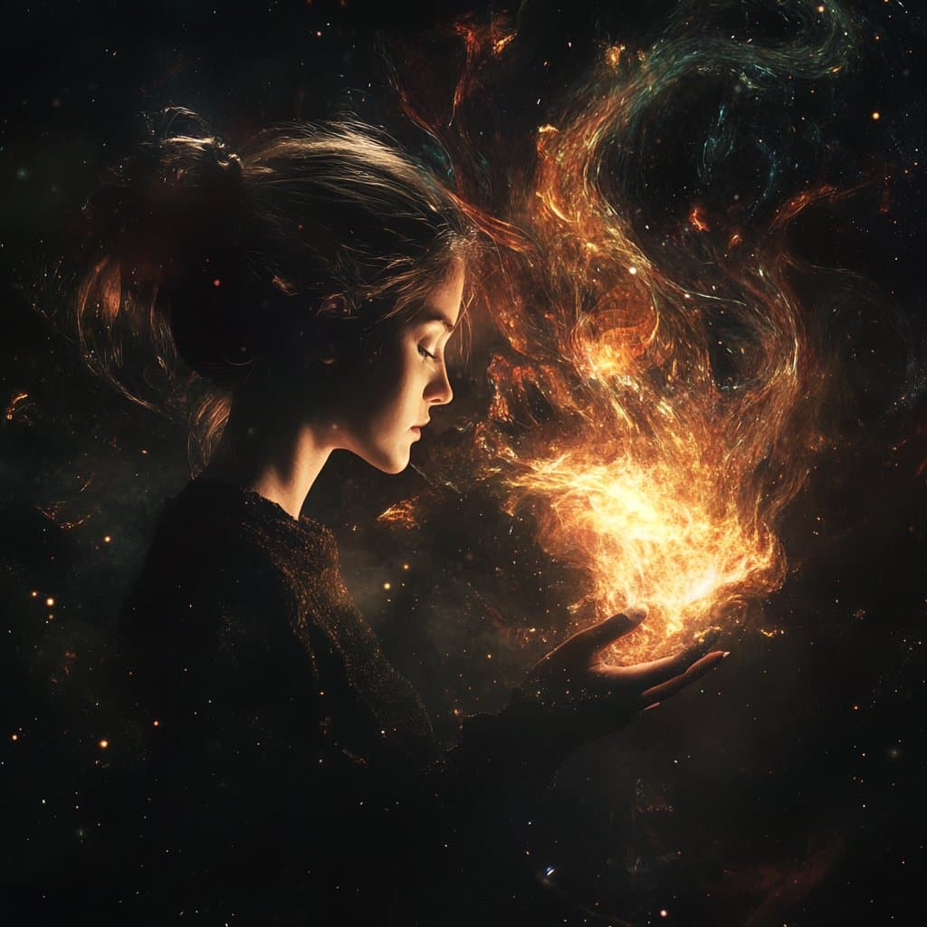A digital illustration showing a person in profile holding a swirling, fiery cosmic nebula in their hand against a dark, starry background.