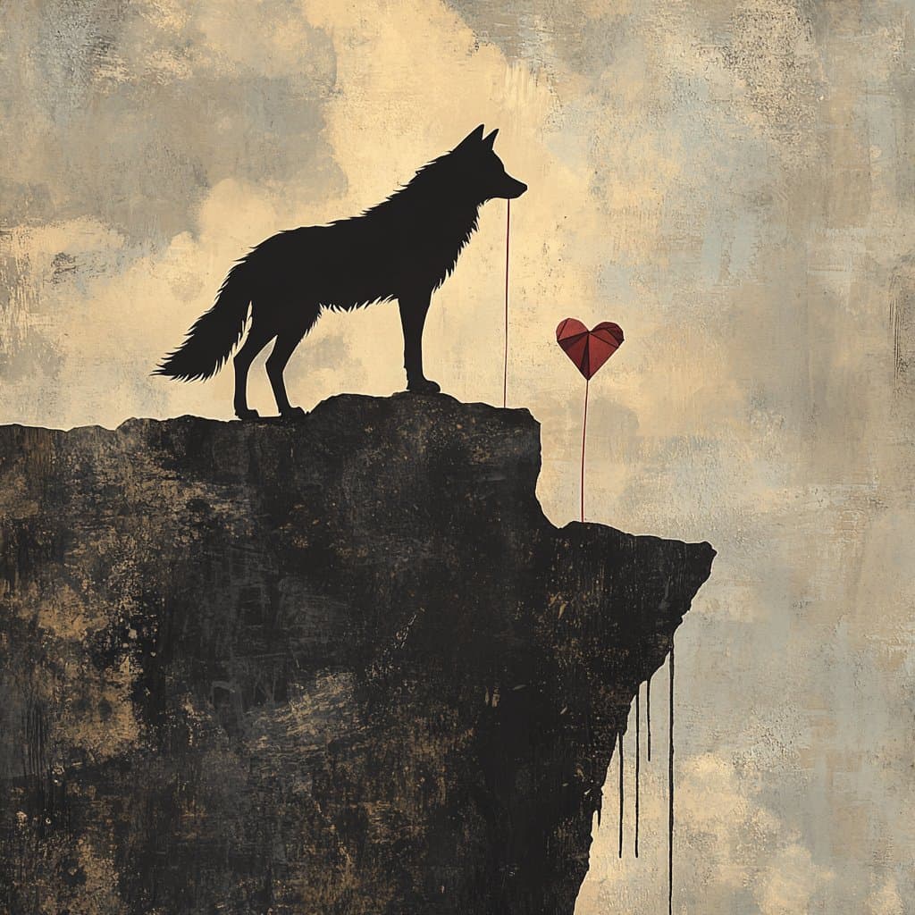 A digital illustration depicting a black wolf silhouette standing on a dark, textured cliff edge against a muted, cloudy sky. A thin red string extends from the wolf's mouth to a red, origami-style heart floating in the air to the right.