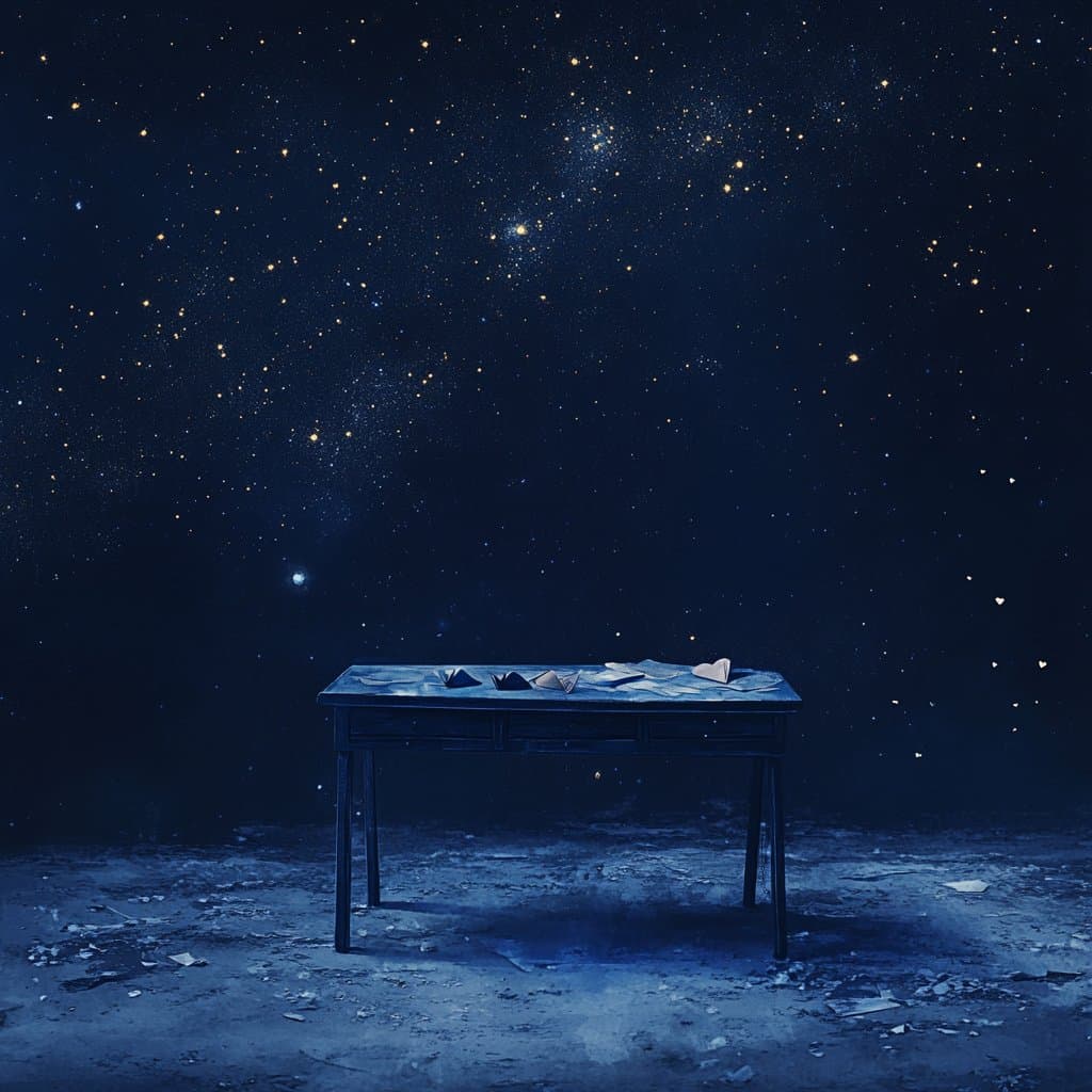 A surreal, dark blue digital illustration showing a solitary desk in a vast, empty space beneath a starry night sky. The desk is covered with scattered papers and several folded paper boats, with a single paper heart resting on the right side.