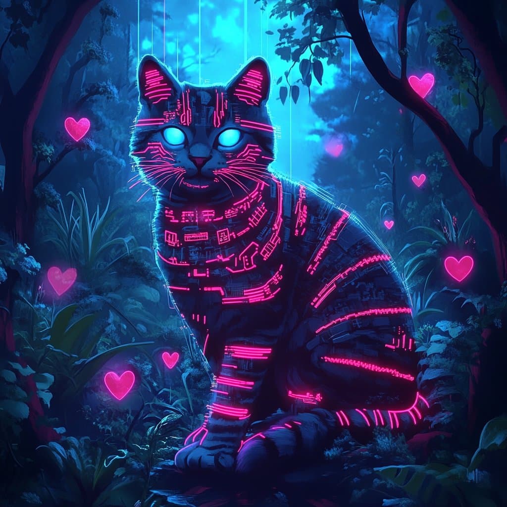 A digital illustration of a cat with glowing neon-pink circuit patterns on its fur and bright blue eyes, sitting in a dark, blue-lit forest with floating pink heart shapes.