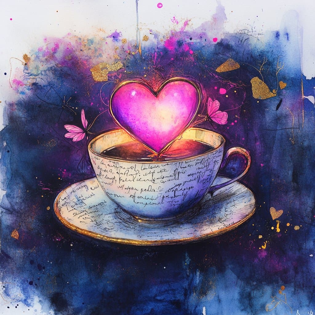 A whimsical digital illustration featuring a teacup filled with a glowing pink heart, set against a vibrant background of purple and blue watercolor splashes with gold accents. The cup and saucer are covered in illegible cursive script, and small pink butterflies flutter nearby.
