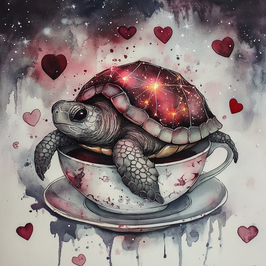 A whimsical watercolor illustration of a turtle sitting inside a teacup, with its shell depicted as a galaxy filled with stars and constellations. The scene is surrounded by floating red hearts and a cosmic, starry background.