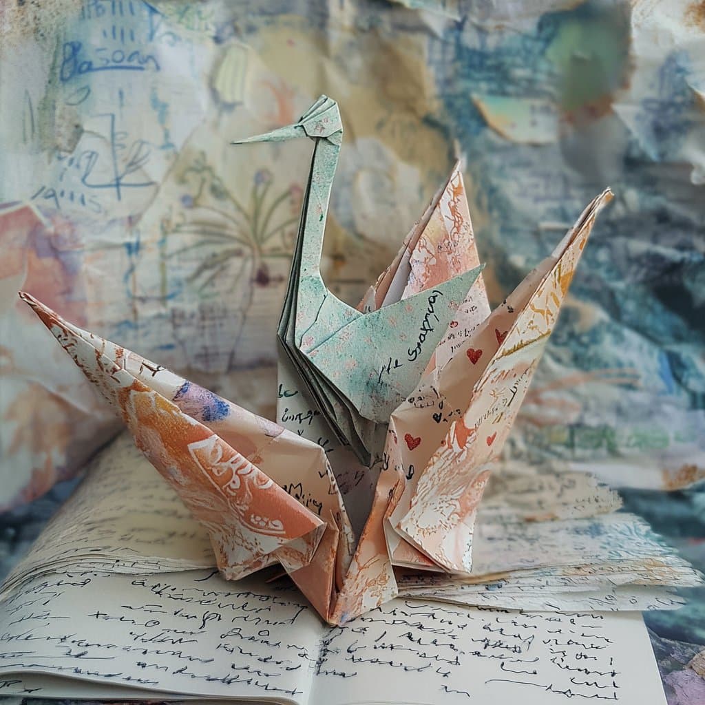 A close-up photograph of an origami crane made from patterned paper, resting on an open book with handwritten text. The background consists of a collage of aged, written documents and sketches.