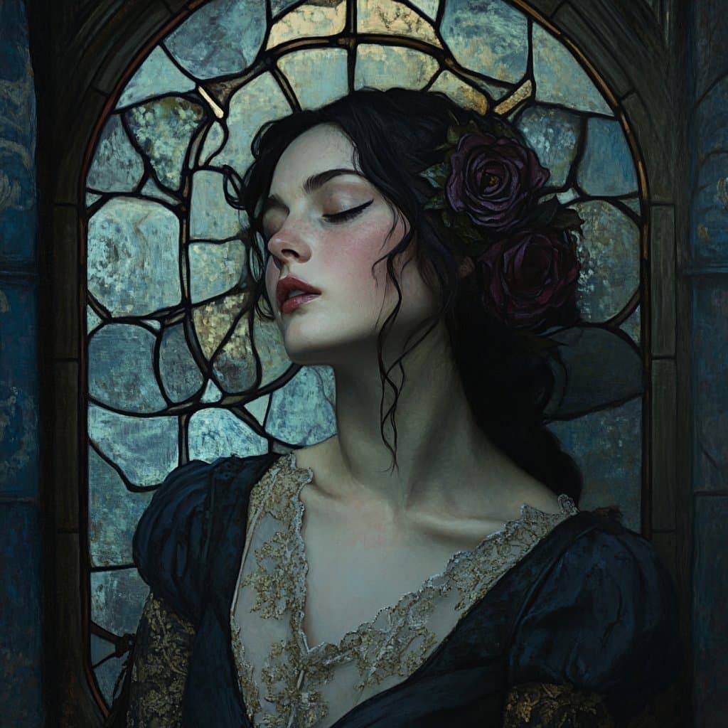 A digital painting of a woman with dark hair and closed eyes, adorned with dark roses, standing in front of a stained-glass window. She wears a dark, lace-trimmed dress in a gothic style.
