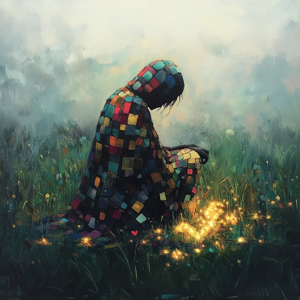 A digital painting depicts a figure composed of colorful mosaic tiles kneeling in a misty, grassy field, with glowing golden lights scattered on the ground before them.