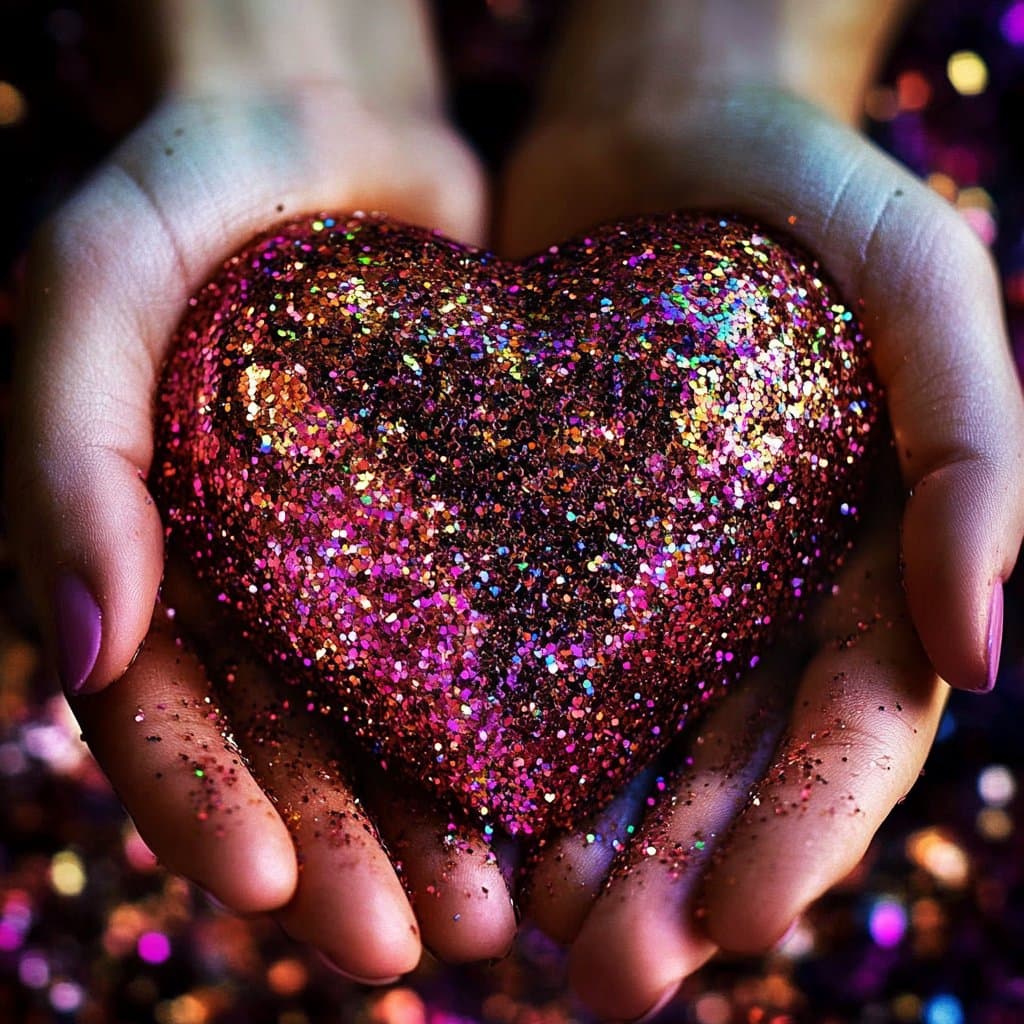 A close-up photograph of two hands cupped together, holding a large, three-dimensional heart covered in iridescent pink and gold glitter. The background is dark and out of focus, with scattered bokeh lights and loose glitter particles visible on the hands.