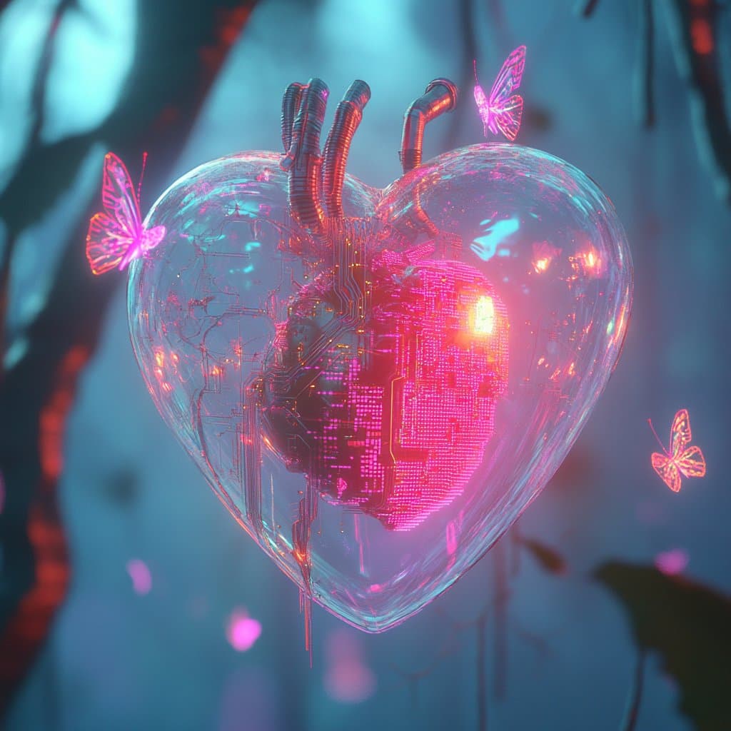 A digital illustration of a translucent, glass-like heart containing a glowing pink circuit board, with three neon butterflies floating around it against a blurred blue background.