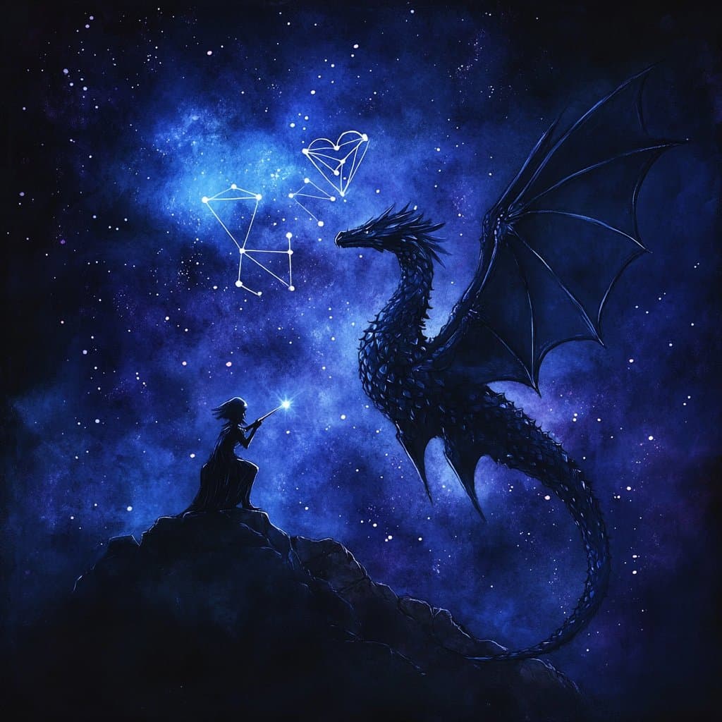 A digital fantasy illustration depicting a silhouetted figure on a rocky cliff holding a glowing wand, facing a large, dark dragon against a starry night sky. Above them, constellations are formed by stars, including one shaped like a heart.