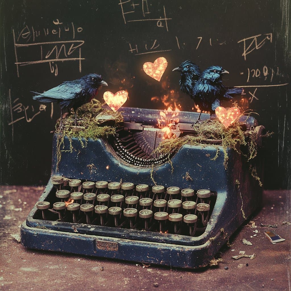 A surreal, dark fantasy illustration featuring a dusty, moss-covered vintage typewriter with small blue birds perched on it and glowing, heart-shaped embers floating above. The background is a blackboard covered in faint, illegible chalk equations and symbols.