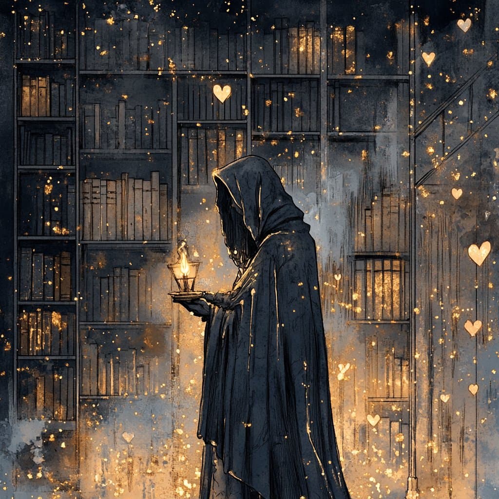 A digital illustration depicts a hooded figure in a dark cloak holding a lit lantern, standing in a dimly lit library with tall bookshelves. The scene is filled with floating golden particles and glowing heart shapes, creating a mystical and romantic atmosphere.