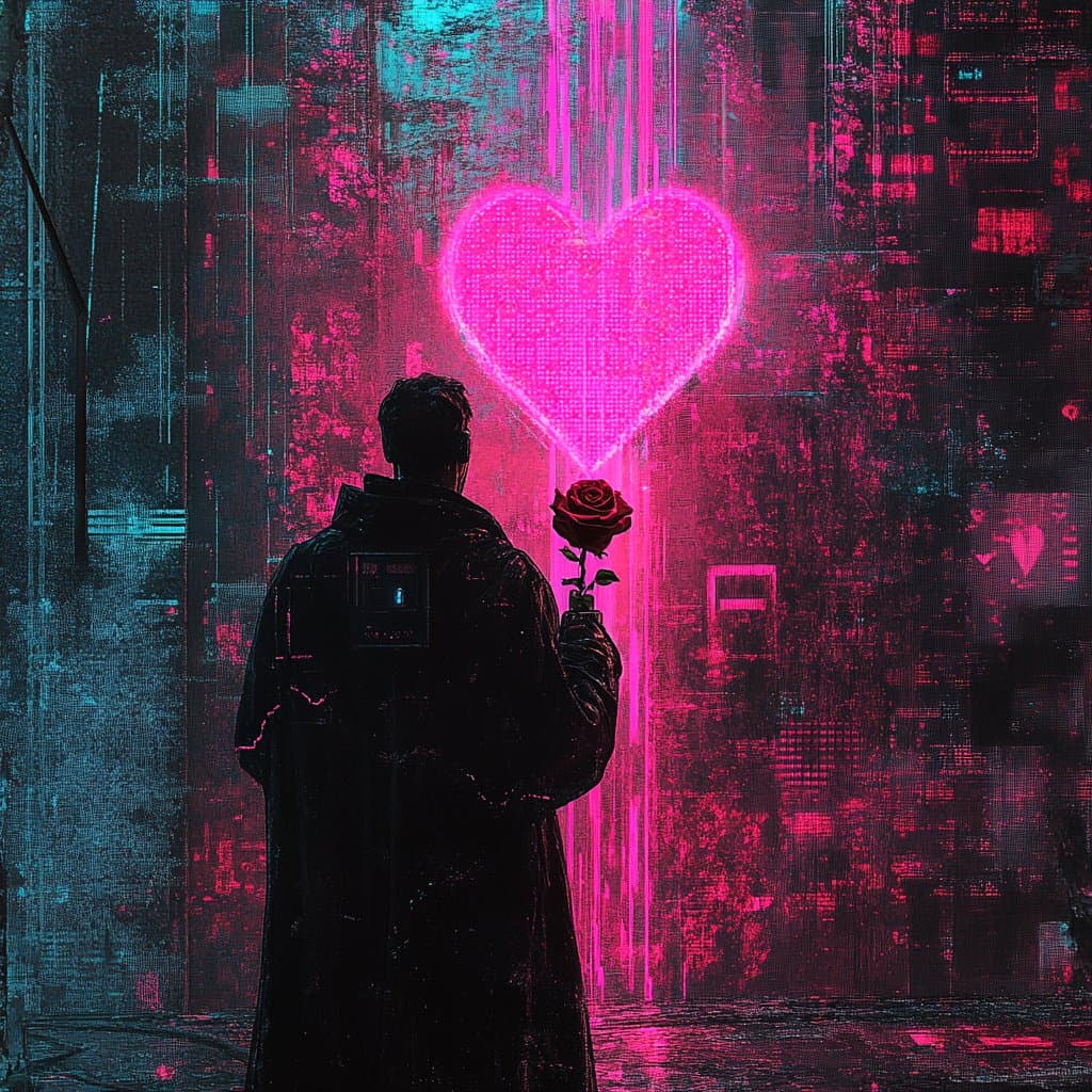A digital art image in a cyberpunk style featuring a silhouetted figure in a dark coat holding a red rose, facing a large, glowing pixelated pink heart against a glitchy, neon-lit background.