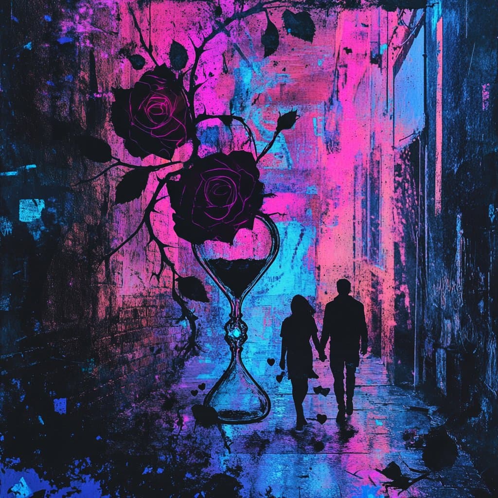 A digital artwork featuring a high-contrast, neon pink and blue color palette. The image depicts the silhouettes of a couple holding hands in a narrow alleyway, walking past a large, stylized hourglass that has black roses growing from its top.