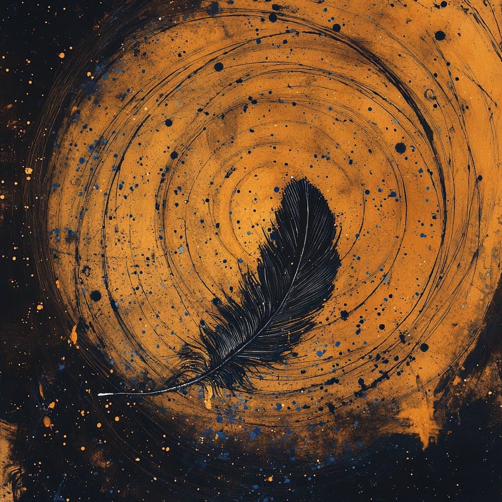 A digital artwork featuring a single black feather set against a swirling, textured background of orange and black with scattered blue and white speckles. The composition has a cosmic or abstract feel, with the feather positioned diagonally in the center.