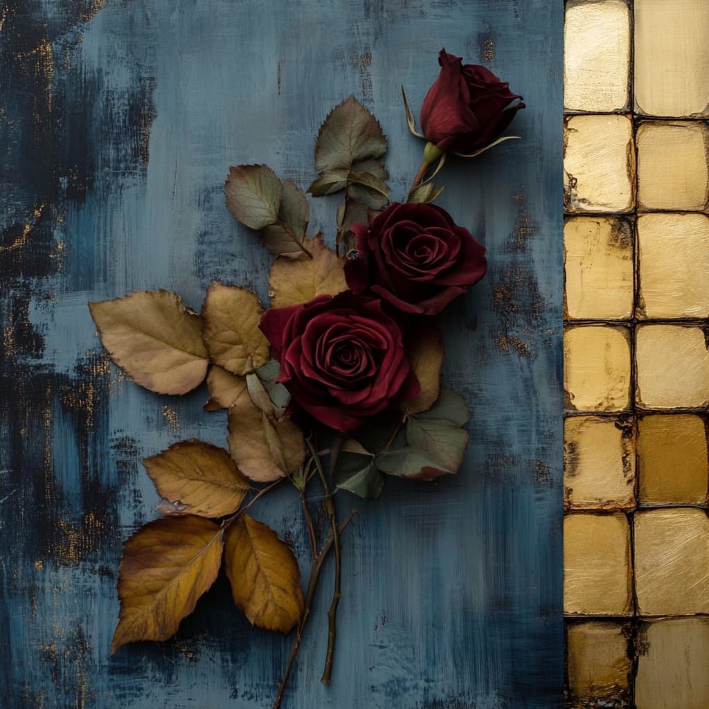 A still-life painting depicting three dark red roses with dried, brown leaves against a textured blue background, with a vertical strip of gold-leafed tiles on the right side.
