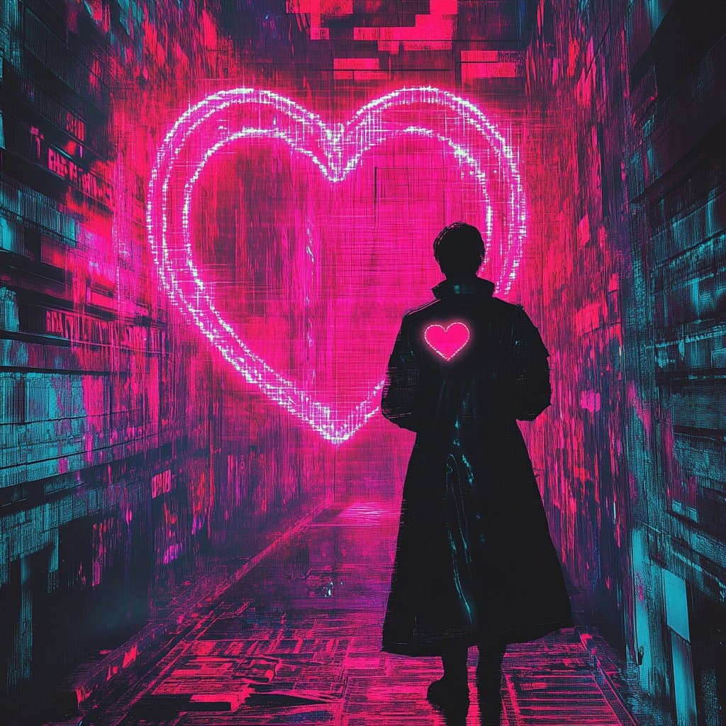 A digital art image in a cyberpunk style showing a silhouetted figure in a long coat standing in a neon-lit alleyway. The figure faces a large, glowing pink heart made of light on the wall ahead, while a smaller matching heart glows on the figure's back.