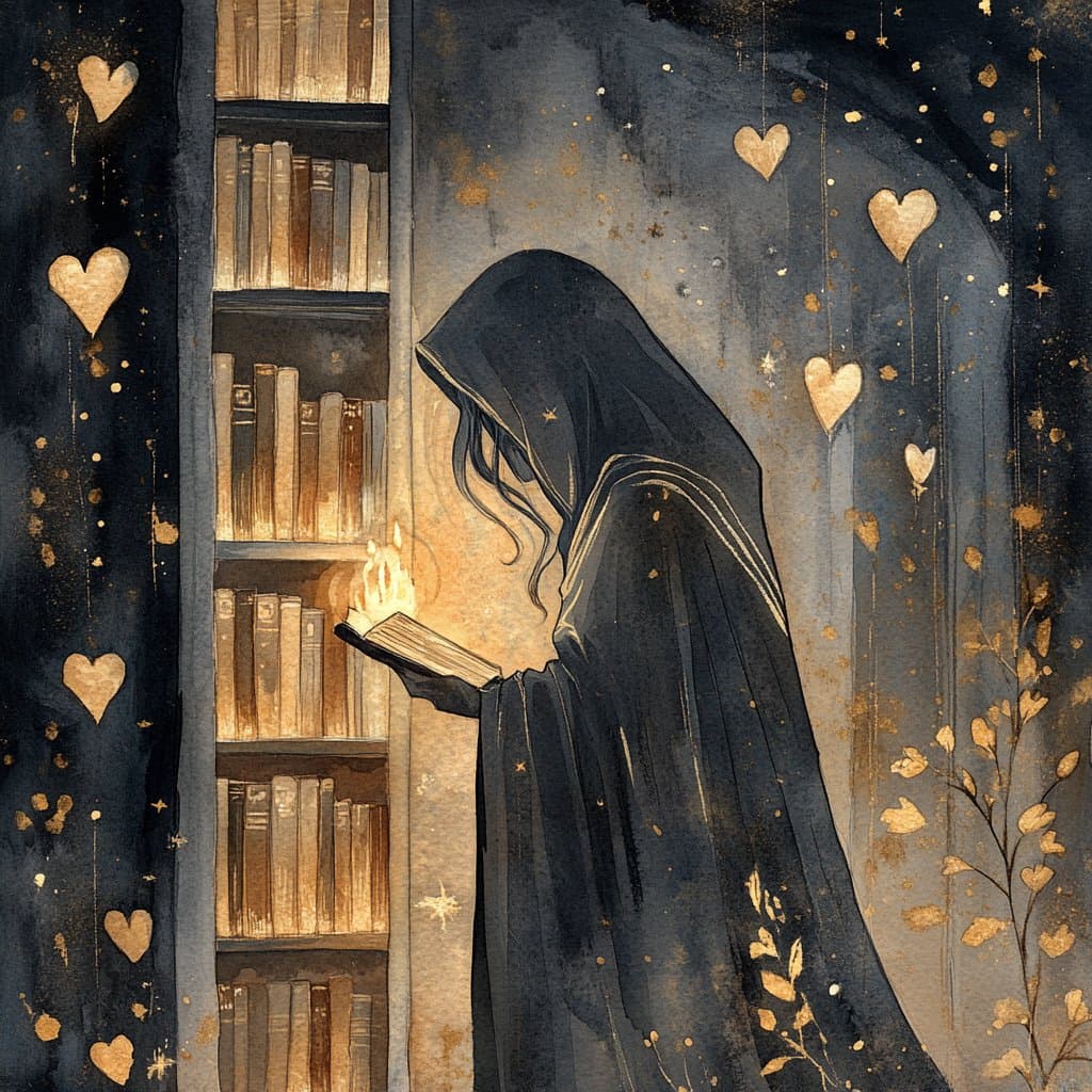 A digital illustration depicts a hooded figure in a dark robe reading a book that emits a warm, glowing light, standing beside a tall bookshelf filled with books. The scene is set against a dark, starry background adorned with floating golden hearts and delicate gold-leaf botanical details.