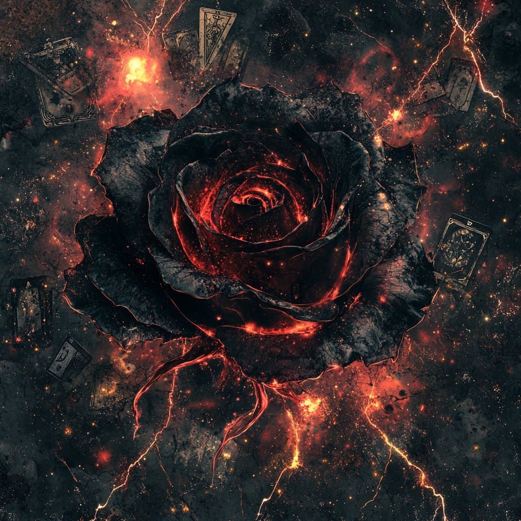 A dark, digital fantasy illustration featuring a large black rose with glowing red, magma-like veins at its center. The flower is surrounded by scattered tarot cards and fiery embers against a textured, charcoal background.