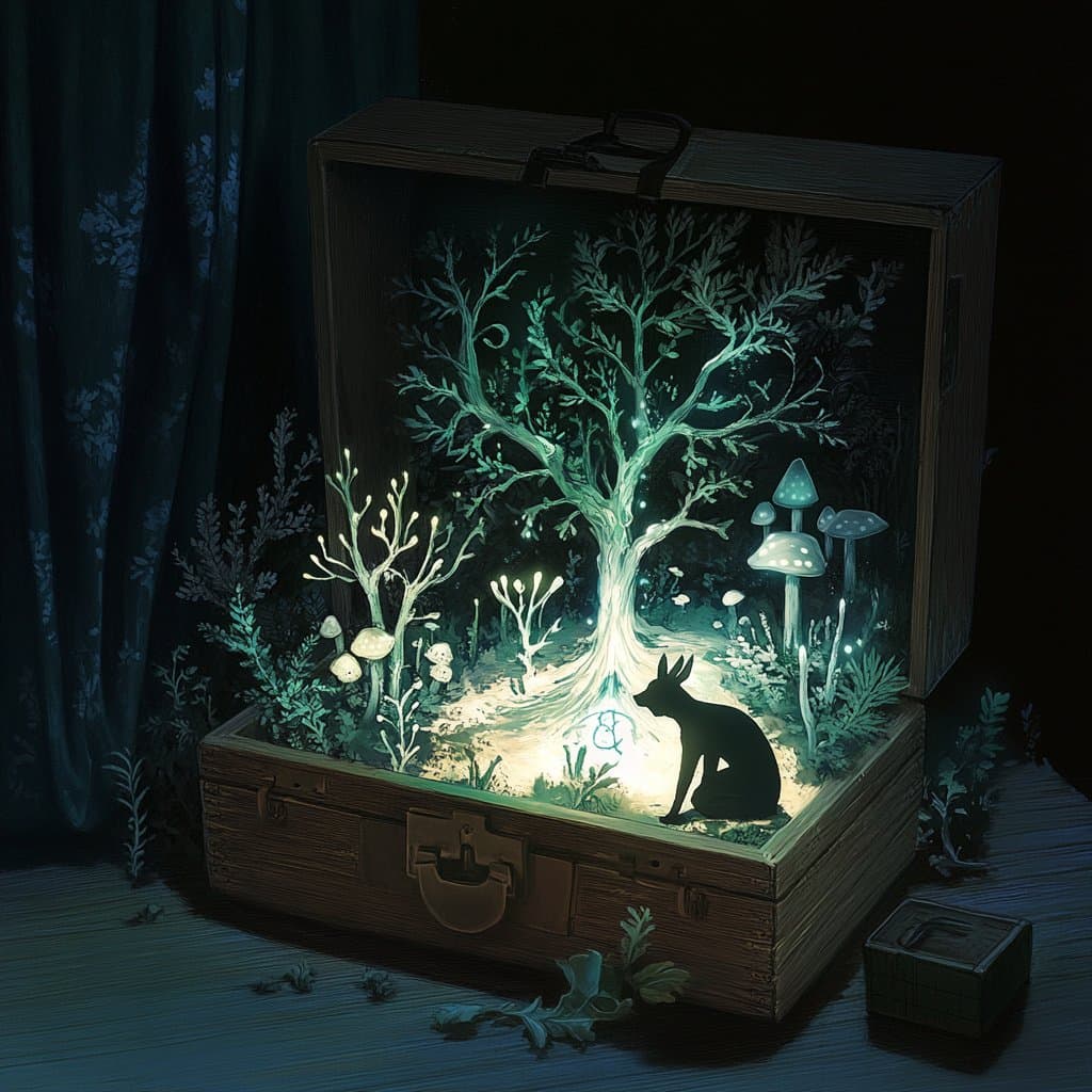 A digital illustration of an open wooden suitcase containing a miniature, glowing forest scene with a tree, mushrooms, and a small black rabbit sitting at the base.