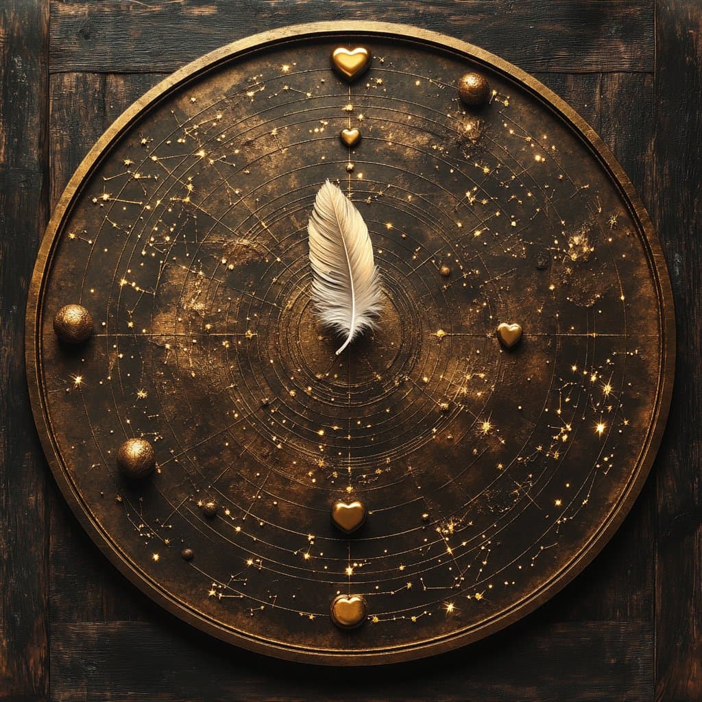 A digital illustration of a circular, antique-style orrery or astrolabe featuring a star map, concentric orbital rings, and small golden spheres and hearts, with a single white feather resting in the center.