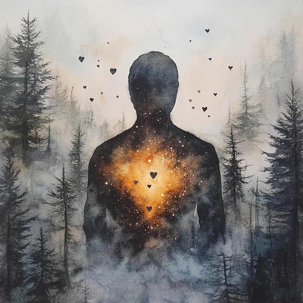 A digital artwork depicting a silhouette of a person standing in a misty forest, with a glowing, star-filled galaxy pattern inside their chest and small heart shapes floating around them.
