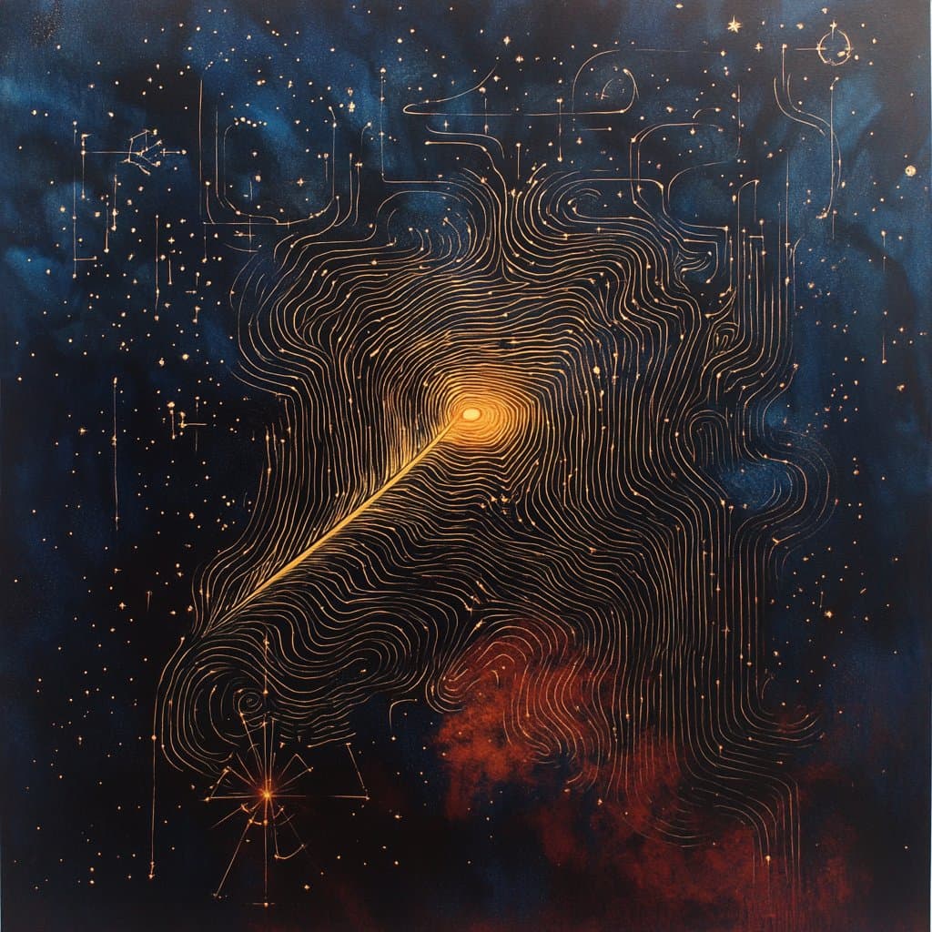 A digital artwork depicting a cosmic scene with a dark blue and black background filled with stars. A large, intricate pattern of golden, wavy lines forms a central shape resembling a feather or a nebula, with a bright golden core. The lines extend outward, connecting to various star clusters and geometric patterns.