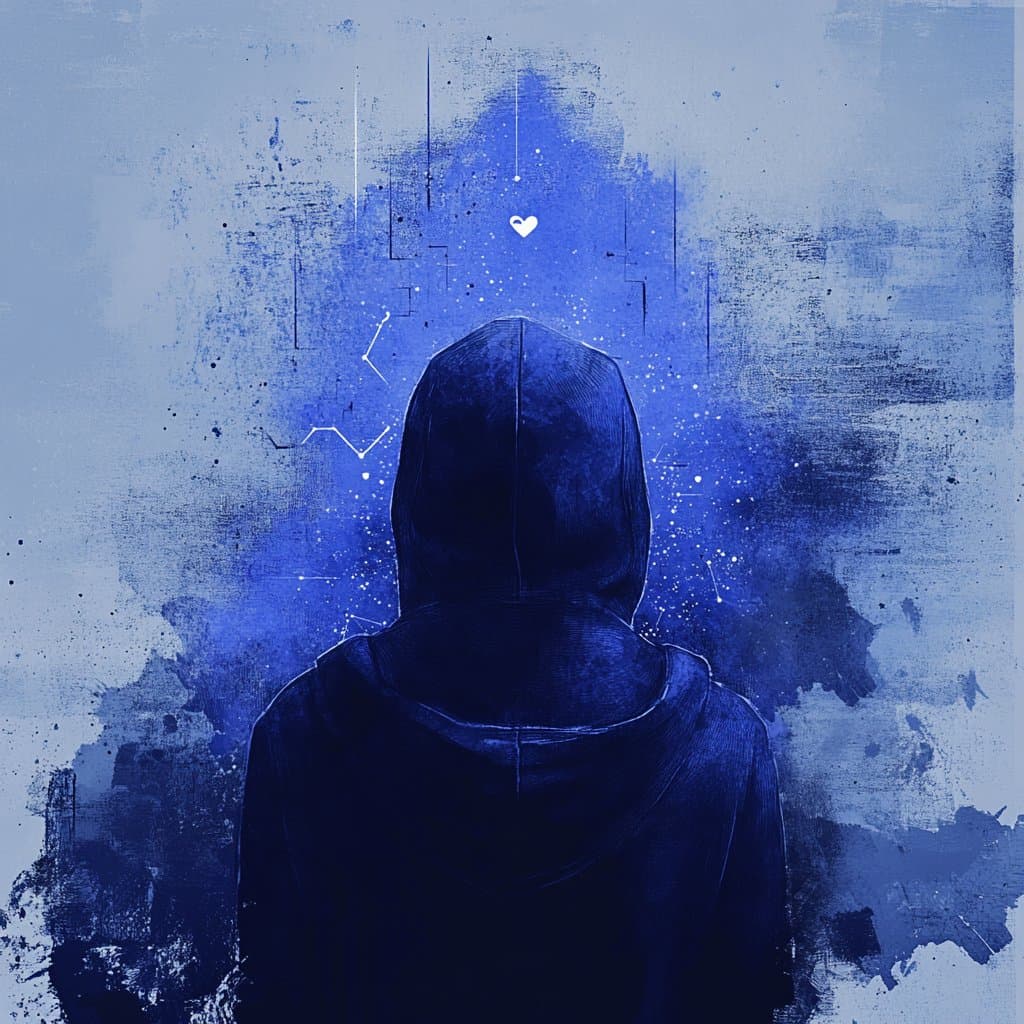 A digital illustration showing the back of a person wearing a dark hooded jacket, set against a textured blue and white background with abstract star-like patterns and a small white heart symbol above their head.