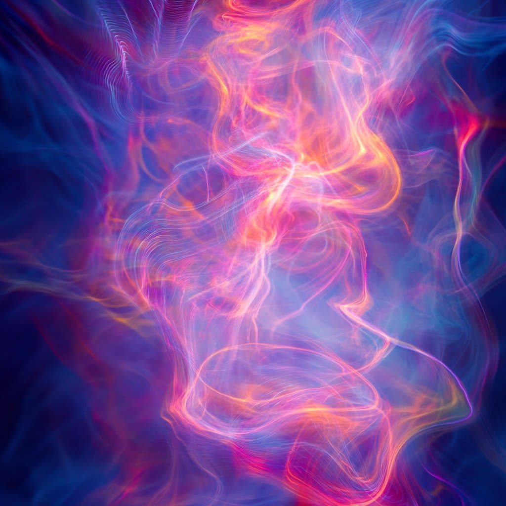 An abstract digital artwork featuring swirling, luminous smoke-like patterns in vibrant shades of pink, orange, and purple against a deep blue background. The flowing lines create a dynamic, ethereal effect with no discernible text or figures.