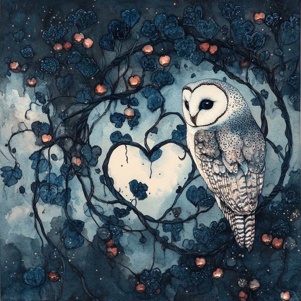 A watercolor illustration featuring a barn owl perched on a dark, heart-shaped vine against a deep blue, starry background. The scene is decorated with dark blue leaves and small, glowing orange berries, creating a whimsical and romantic atmosphere.
