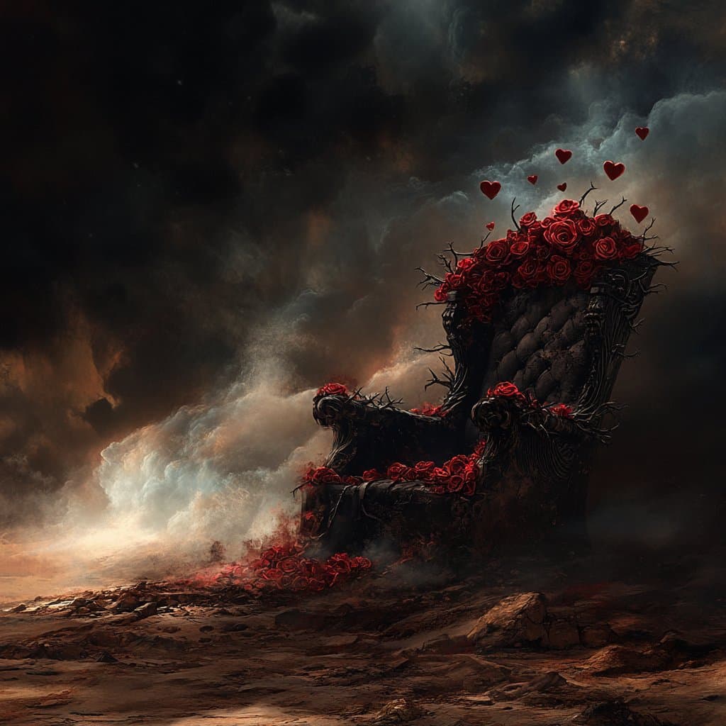 A dark, fantasy-style digital illustration of a thorny throne covered in red roses, set against a dramatic, cloudy sky with floating red hearts.