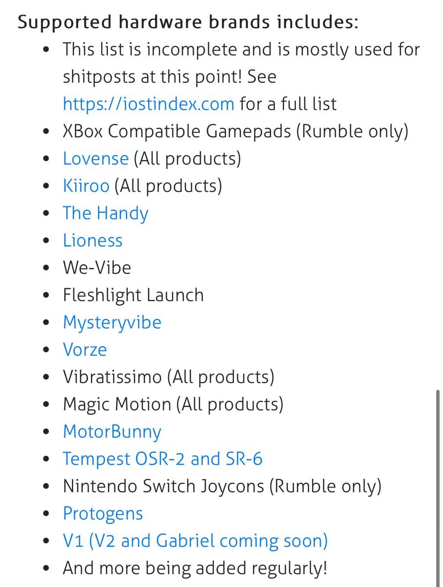 A screenshot of a webpage section titled "Supported hardware brands includes:" followed by a bulleted list of brand names and product types. The text is black on a white background, with some brand names and a URL highlighted in blue.