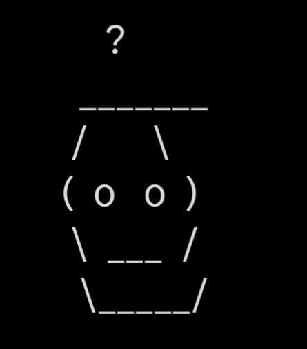 A minimalist, black-and-white ASCII-style illustration of a confused or blank-faced character, composed of simple lines and symbols on a black background. A question mark floats above the face, emphasizing the expression of uncertainty or bewilderment.