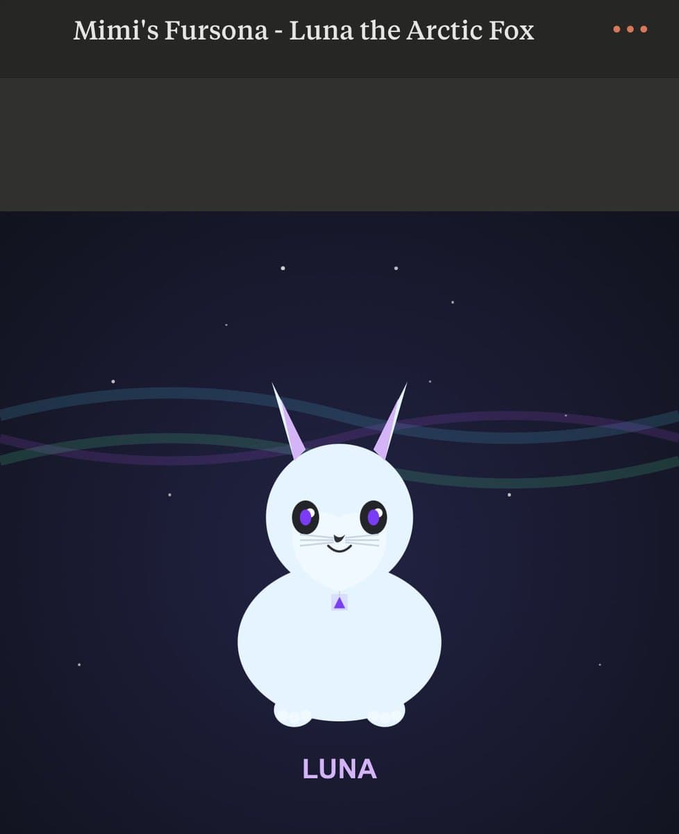 A screenshot of a digital art piece titled 'Mimi's Fursona - Luna the Arctic Fox'. It features a cute, white, cartoon-style arctic fox with purple eyes and a small purple collar, set against a dark, starry night sky with wavy lines. The name 'LUNA' is written in purple below the character.