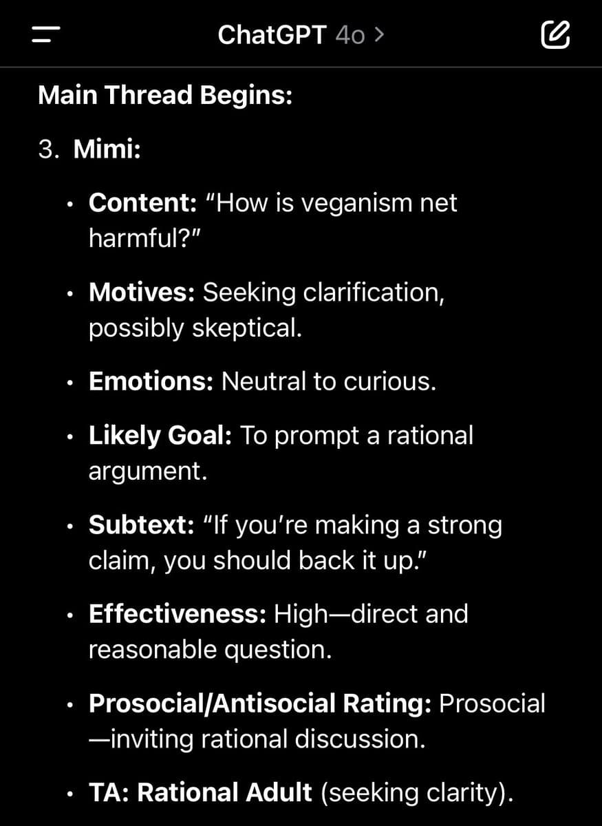 A screenshot of a ChatGPT 4o interface displaying a detailed analysis of a specific tweet from a user named Mimi. The text breaks down the tweet's content, motives, emotions, and effectiveness as part of a larger thread analysis.